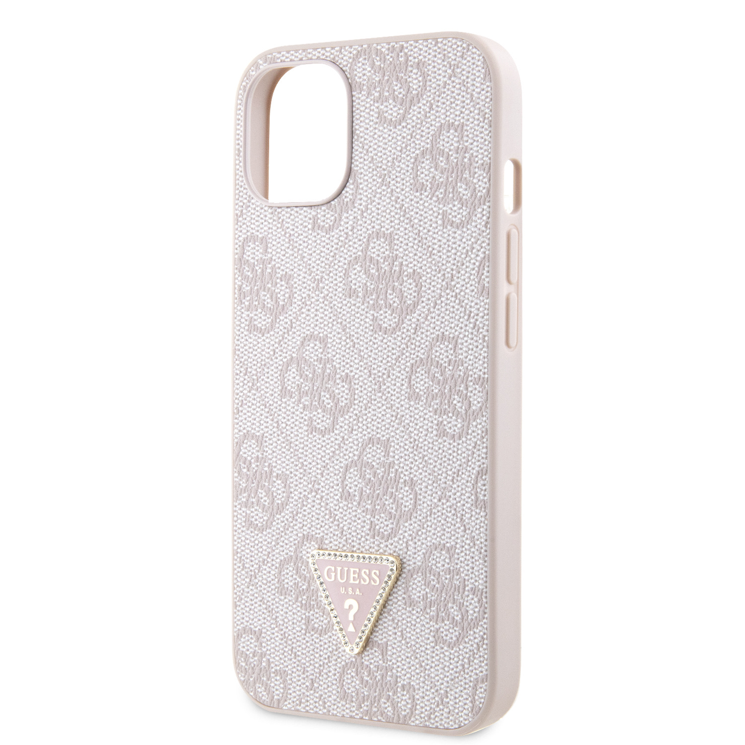 Guess PU 4G Strass Triangle Metal Logo Zadní Kryt + Crossbody Popruh pro iPhone 15 Pink