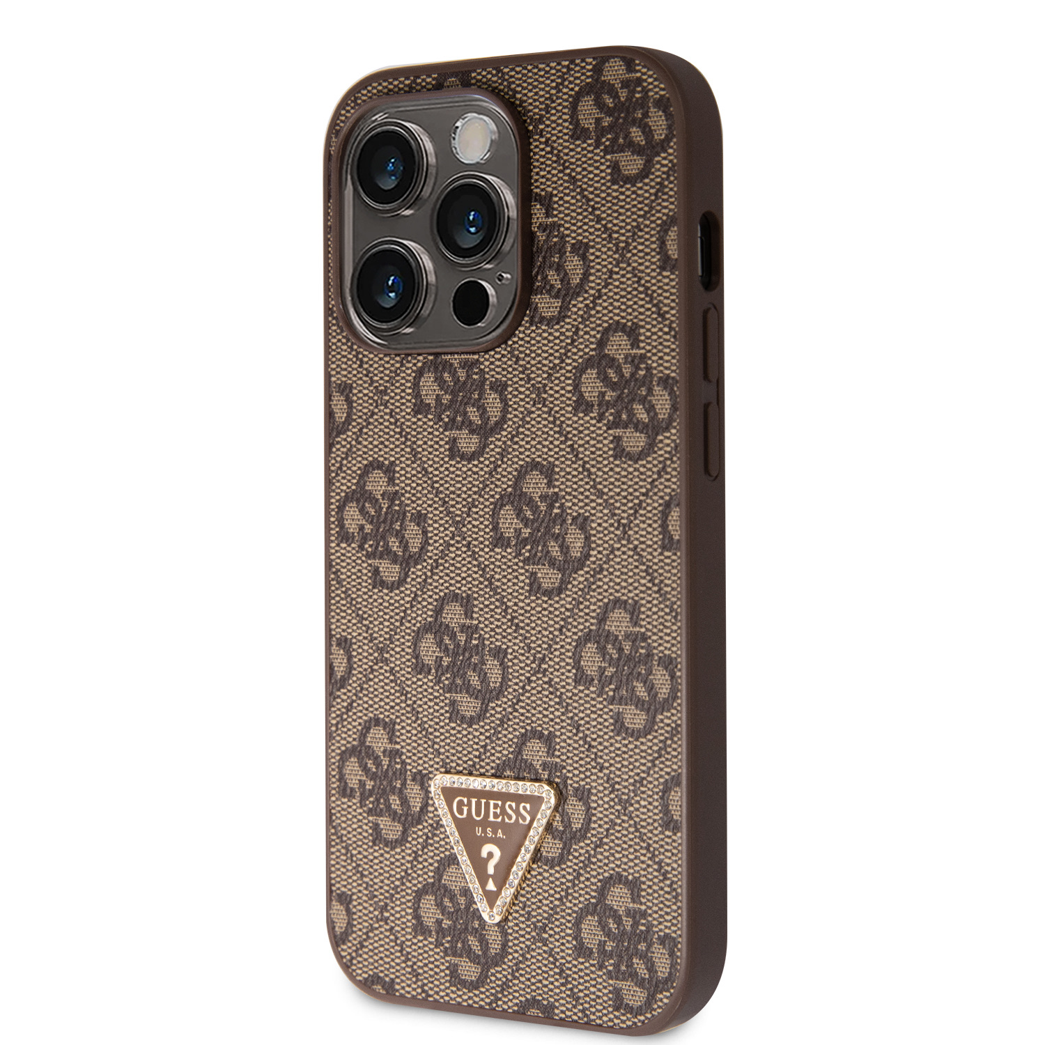 Guess PU 4G Strass Triangle Metal Logo Zadní Kryt + Crossbody Popruh pro iPhone 15 Pro Brown