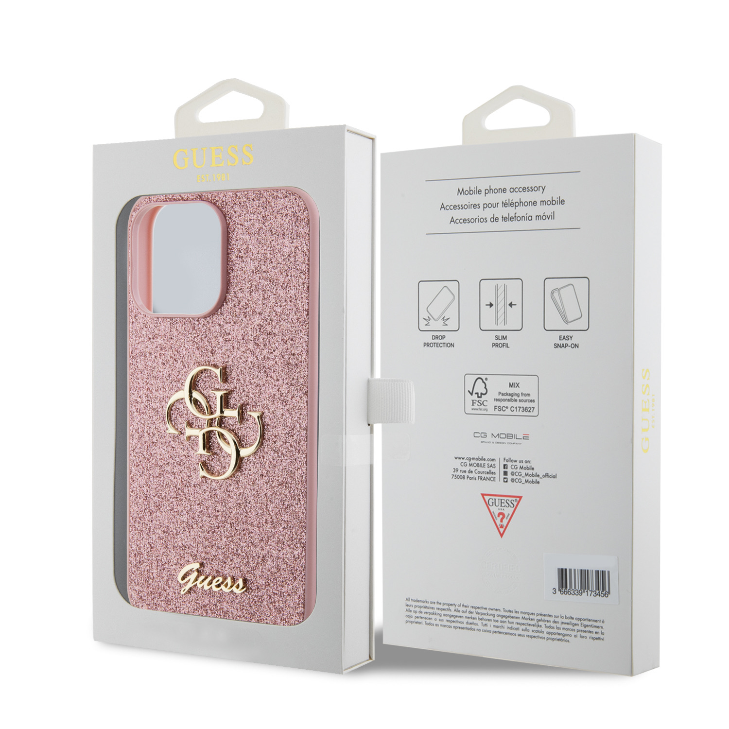 Guess PU Fixed Glitter 4G Metal Logo Zadní Kryt pro iPhone 15 Pro Max Pink