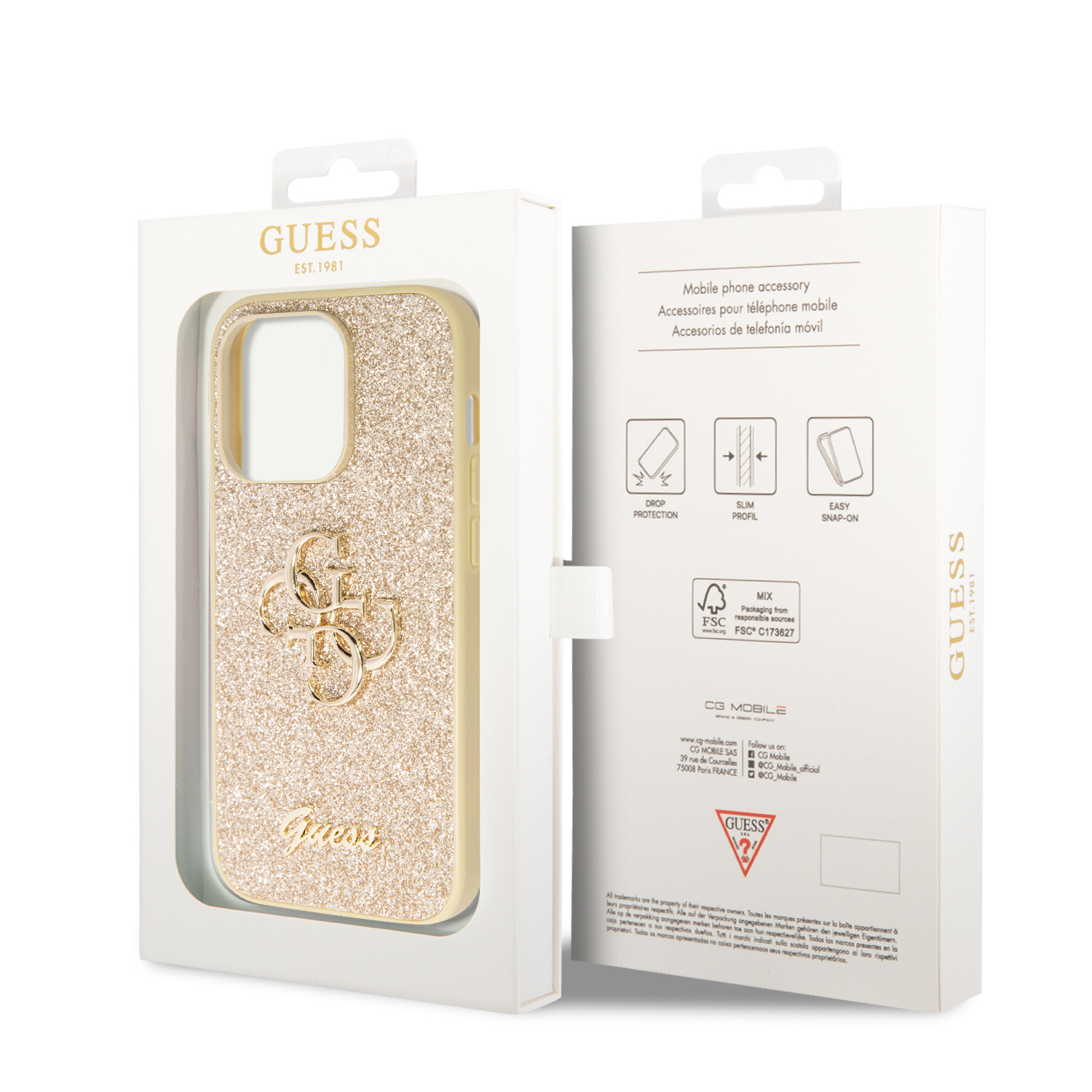 Guess PU Fixed Glitter 4G Metal Logo Zadní Kryt pro iPhone 15 Pro Max Gold