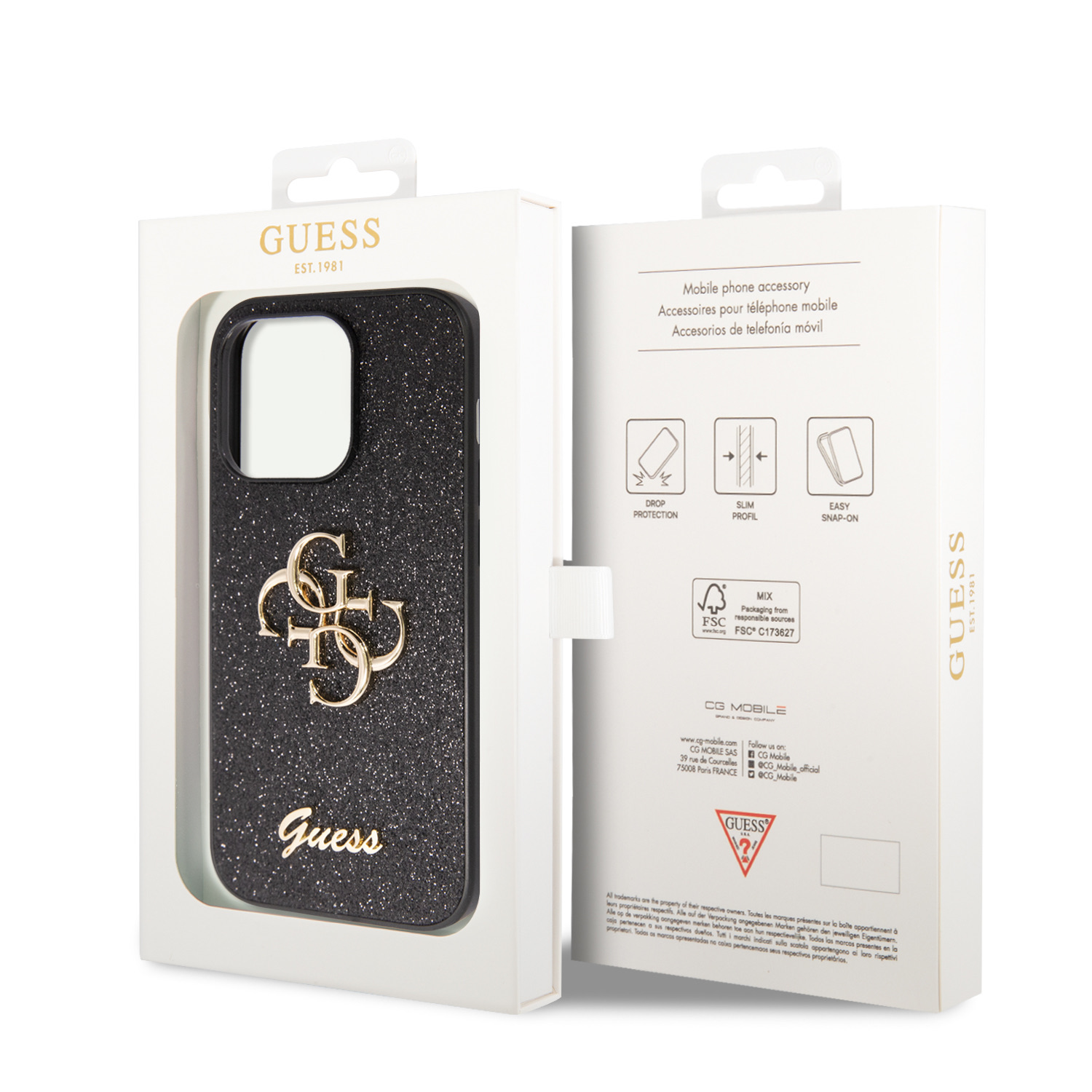 Guess PU Fixed Glitter 4G Metal Logo Zadní Kryt pro iPhone 15 Pro Max Black