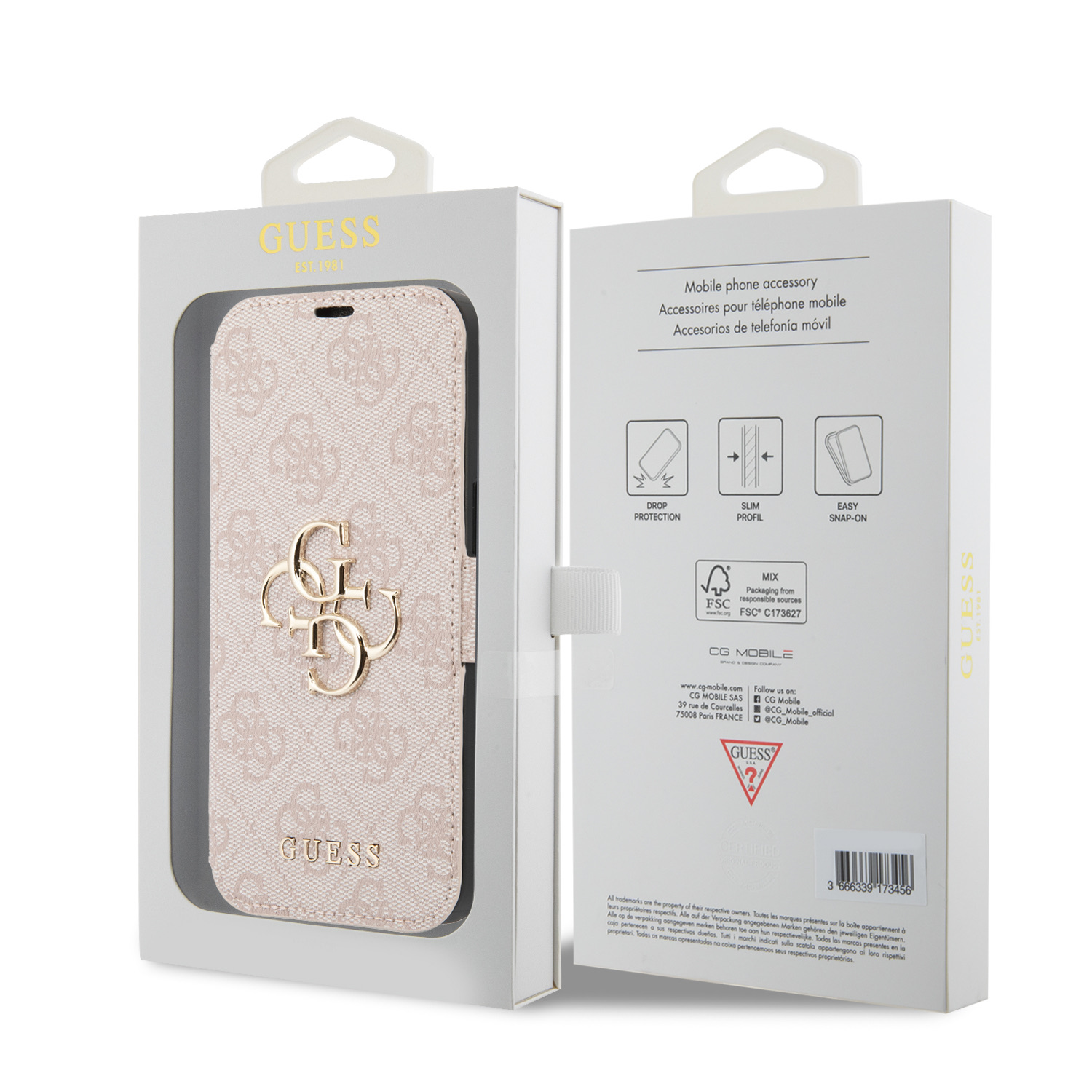 Guess PU 4G Metal Logo Book Pouzdro pro iPhone 15 Pink