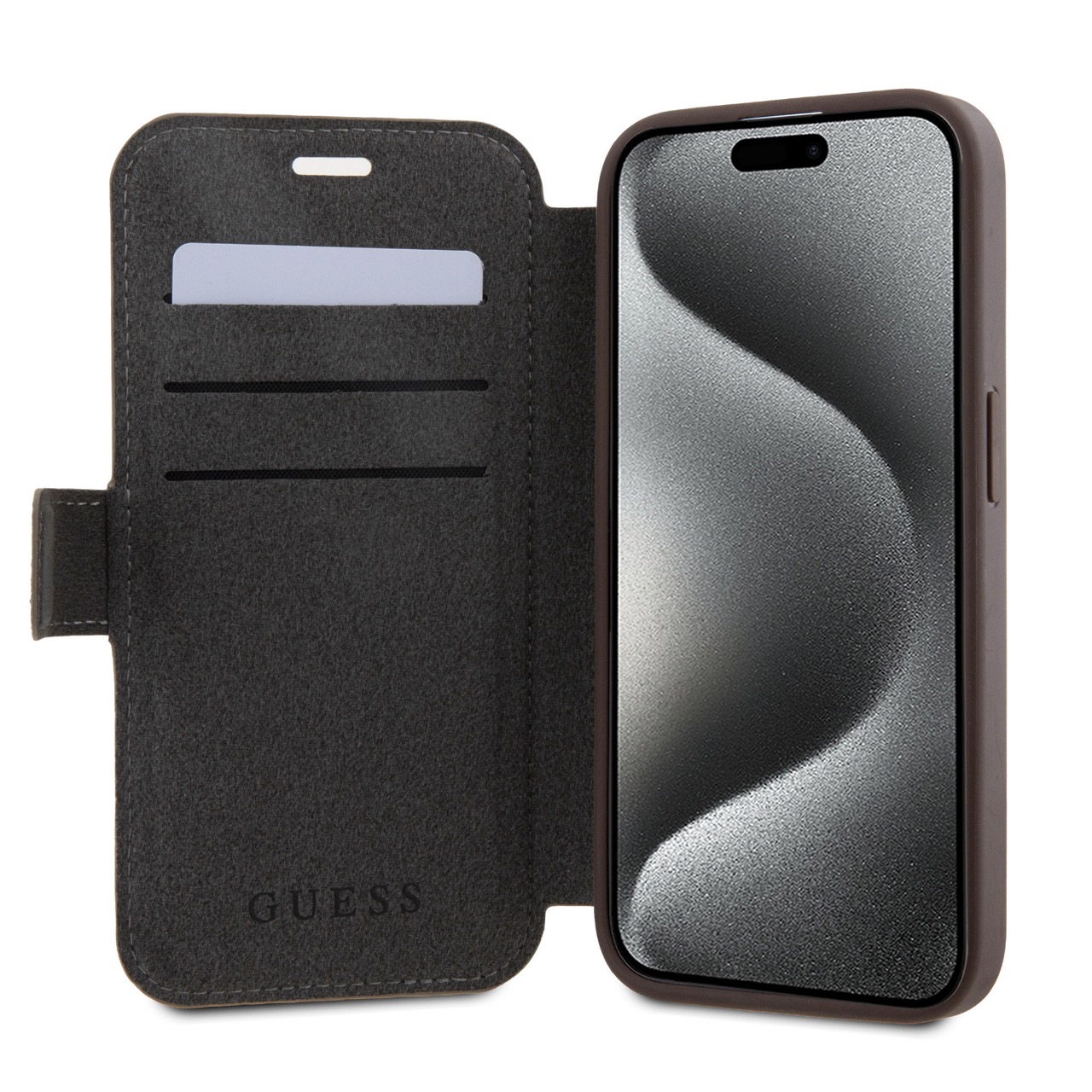Flipové puzdro Guess PU 4G Metal Logo Book pre Apple iPhone 15 Pro, hnedá