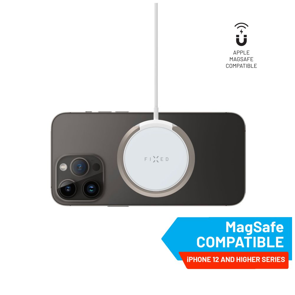 Bezdrátová nabíječka FIXED MagPad s podporou uchycení MagSafe a stojánkem, 15W, bílá