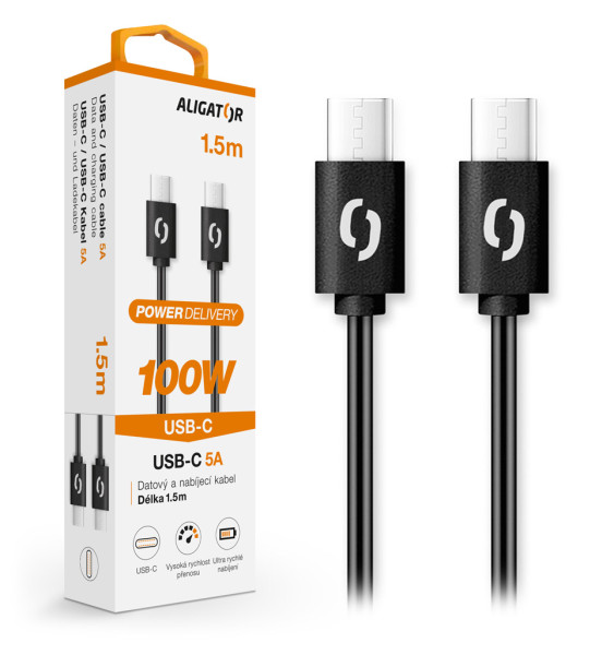 Datový kabel ALIGATOR POWER 100W, USB-C/USB-C 5A, 1,5m černý