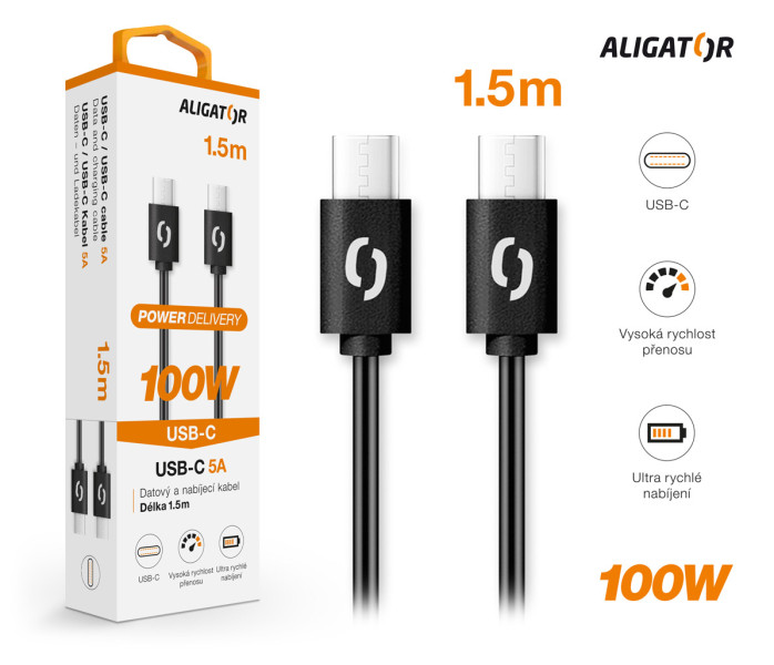 Datový kabel ALIGATOR POWER 100W, USB-C/USB-C 5A, 1,5m černý