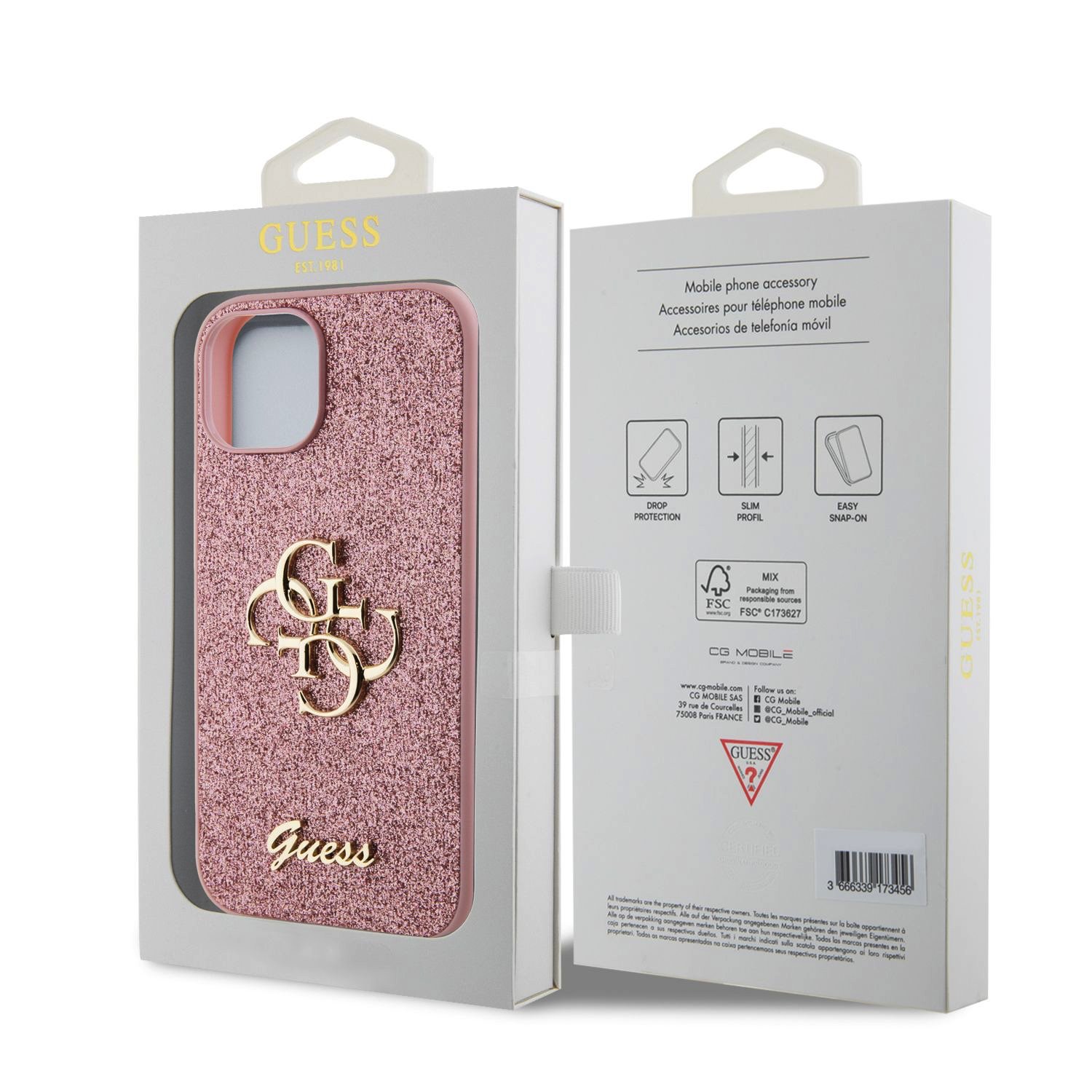 Guess PU Fixed Glitter 4G Metal Logo Zadní Kryt pro iPhone 12/12 Pro Pink