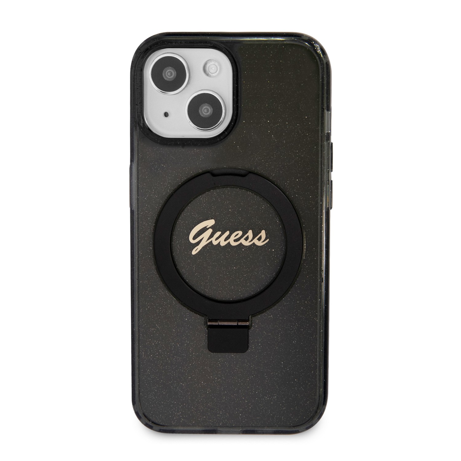 Guess IML Ring Stand Glitter MagSafe Zadní Kryt pro iPhone 15 Black