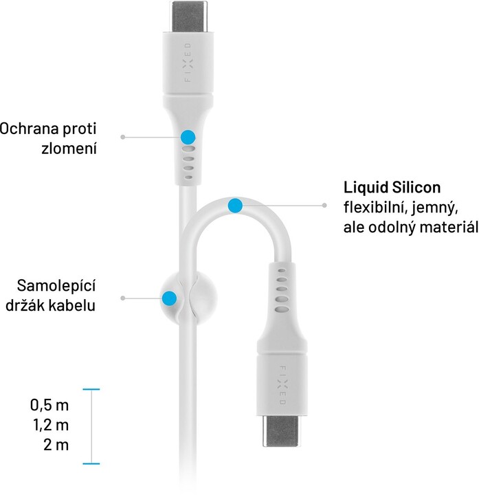Nabíjecí a datový kabel FIXED Liquid silicone s konektory USB-C/USB-C a podporou PD, 1.2m, USB 2.0, 60W, bílá