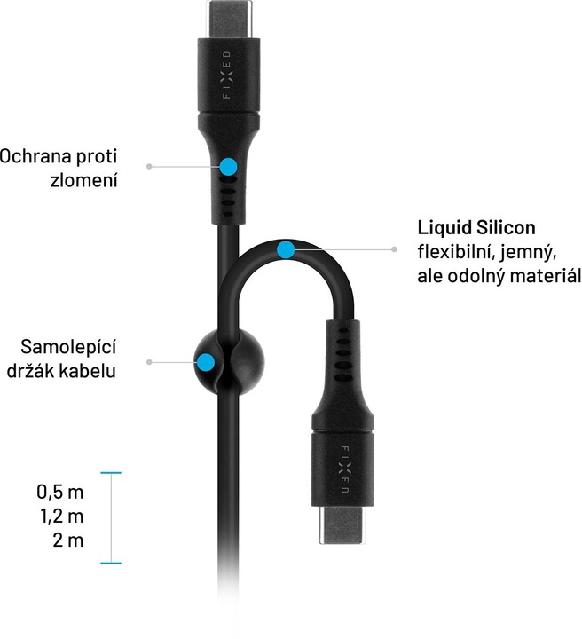 Nabíjecí a datový kabel FIXED Liquid silicone s konektory USB-C/USB-C a podporou PD, 1.2m, USB 2.0, 60W, černá
