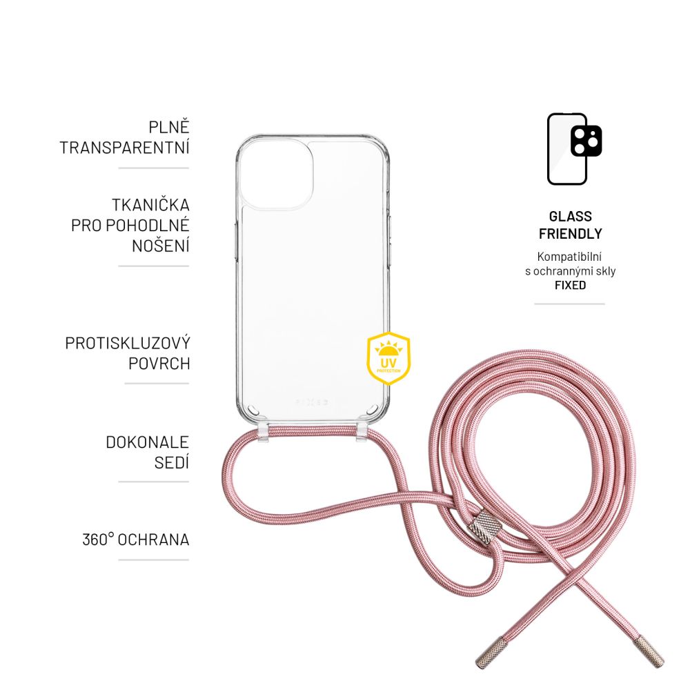 Pouzdro FIXED Pure Neck s růžovou šňůrkou na krk pro Samsung Galaxy A15 5G
