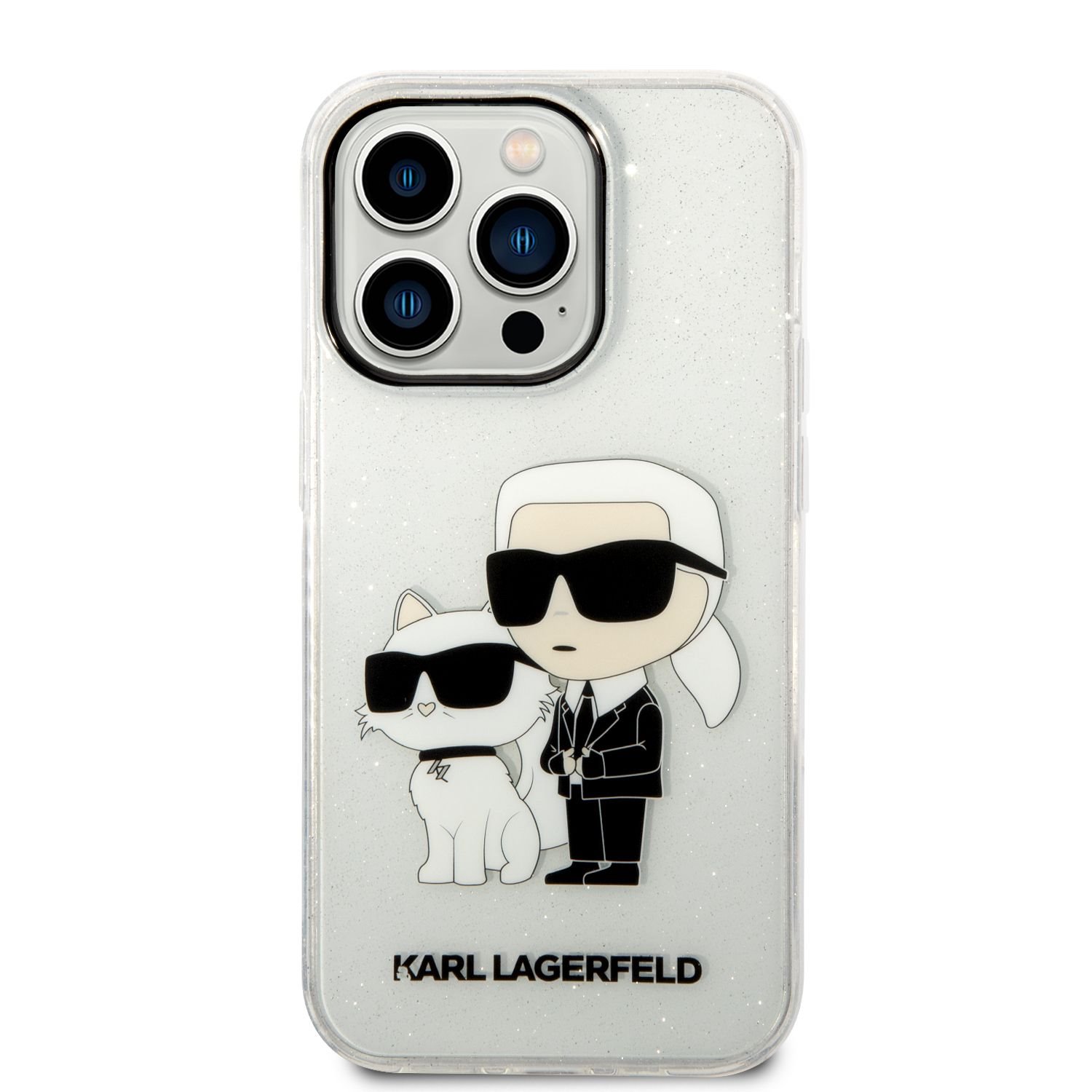 Karl Lagerfeld IML Glitter Karl and Choupette NFT Zadní Kryt pro iPhone 14 Pro Transparent