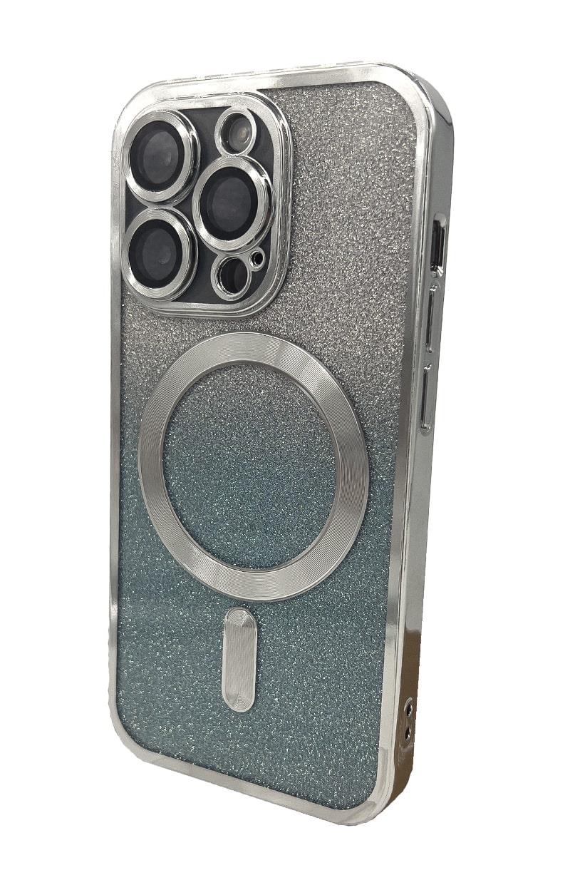 Silikónové TPU puzdro Mag Glitter Chrome pre iPhone 15 Pro, strieborná