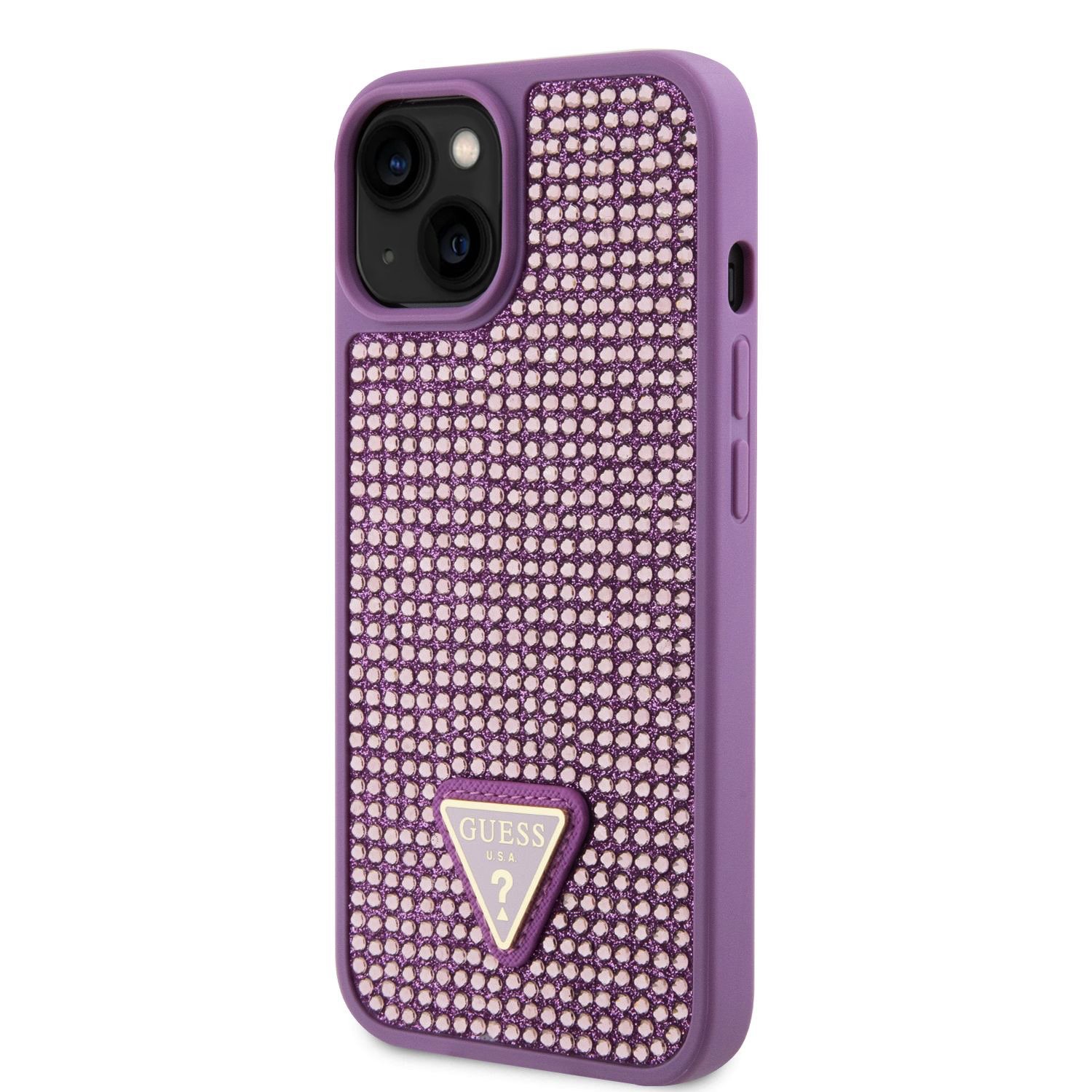Guess Rhinestones Triangle Metal Logo Kryt pro iPhone 15 Plus Purple