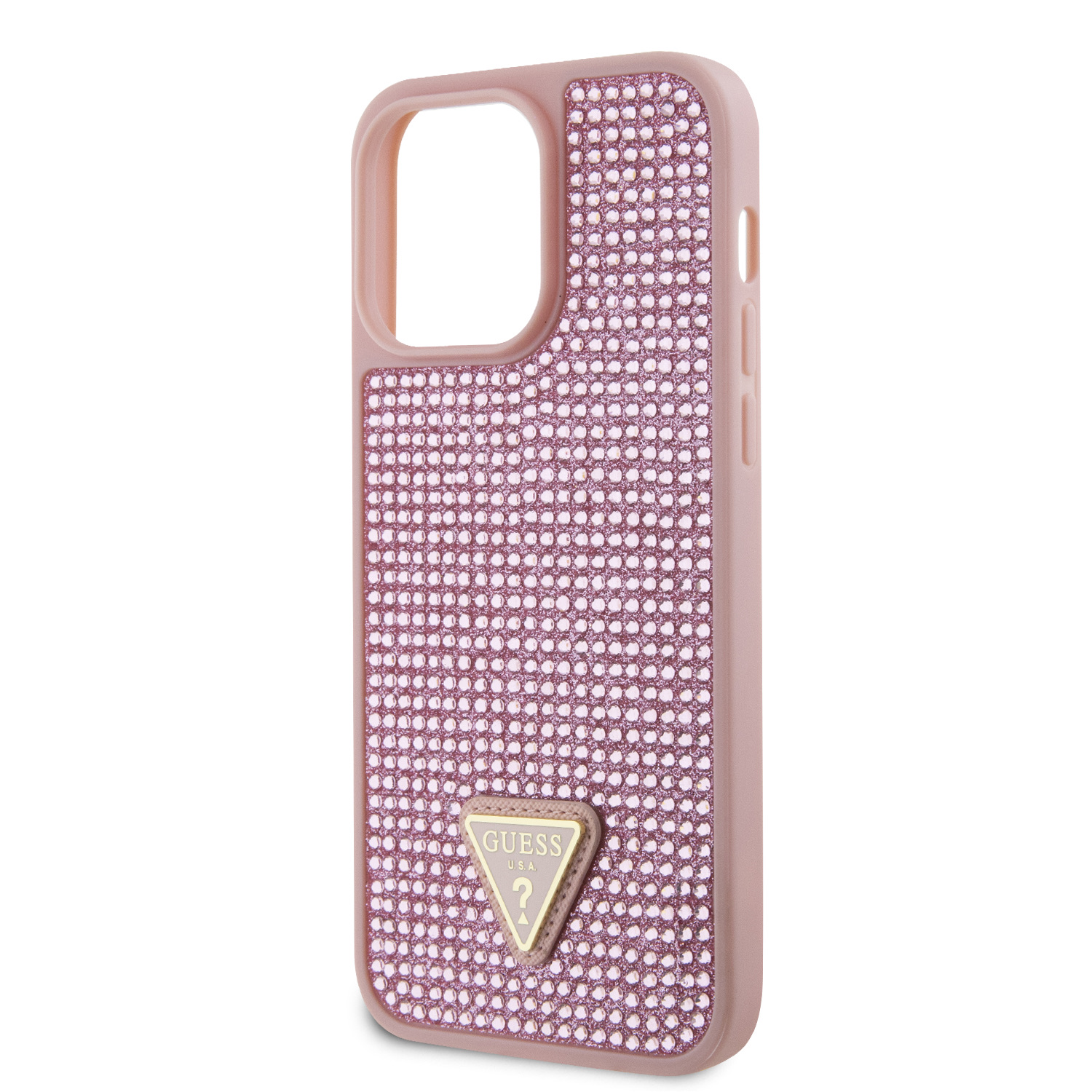 Guess Rhinestones Triangle Metal Logo Kryt pro iPhone 15 Pro Max Pink