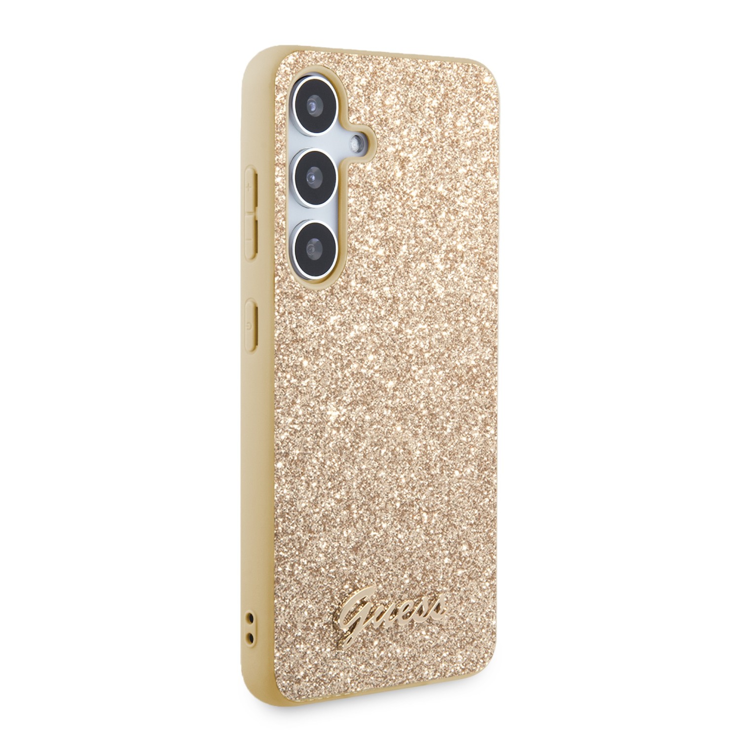 Guess PC/TPU Glitter Flakes Metal Logo Zadní Kryt pro Samsung Galaxy S24 Gold