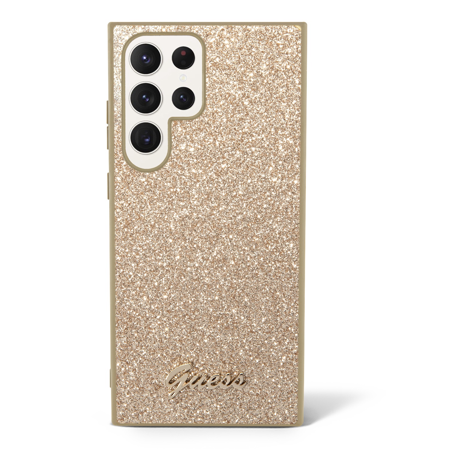 Guess PC/TPU Glitter Flakes Metal Logo Zadní Kryt pro Samsung Galaxy S24 Ultra Gold