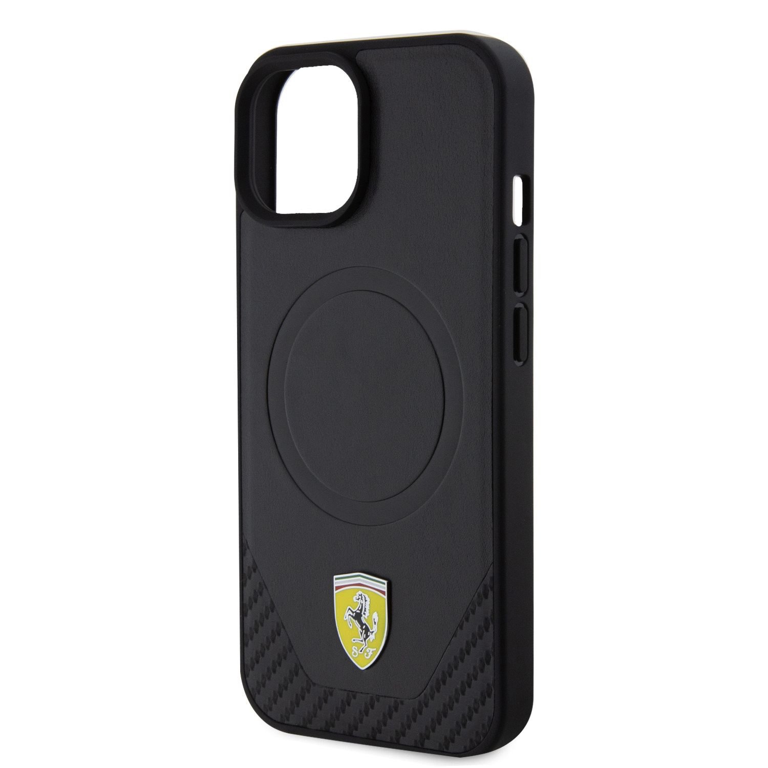 Ferrari PU Leather Bottom Carbon MagSafe Zadní Kryt pro iPhone 15 Plus Black