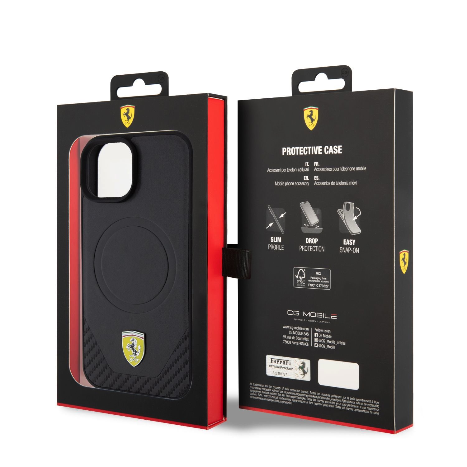 Ferrari PU Leather Bottom Carbon MagSafe Zadní Kryt pro iPhone 15 Plus Black