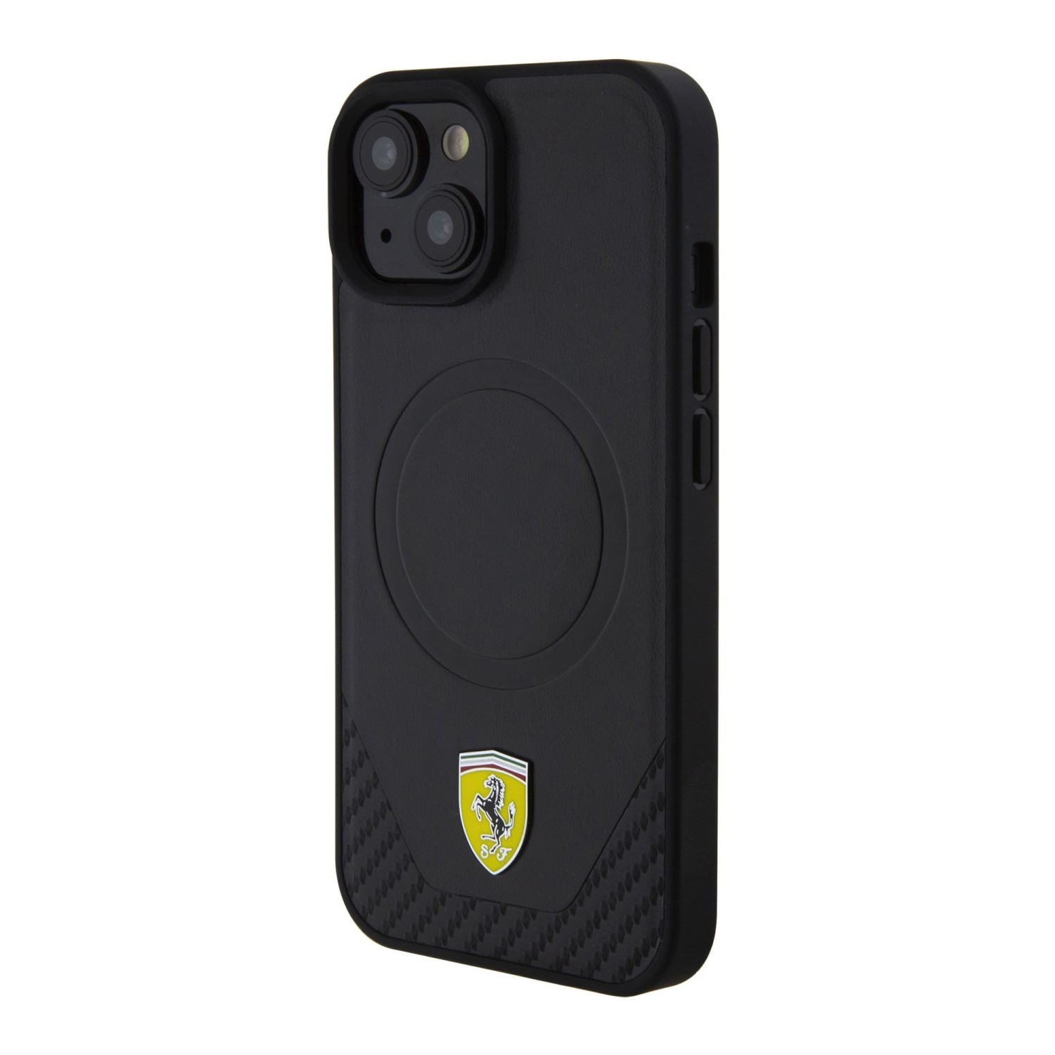 Ferrari PU Leather Bottom Carbon MagSafe Zadní Kryt pro iPhone 15 Black