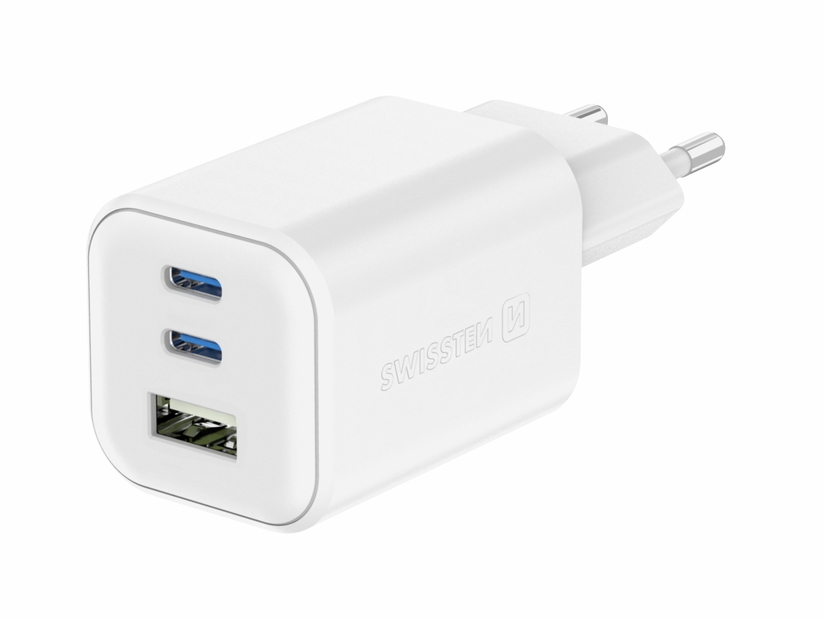 SWISSTEN SÍŤOVÝ ADAPTÉR GaN 2x USB-C 65W PD + 1x USB-A 18W QC BÍLÝ