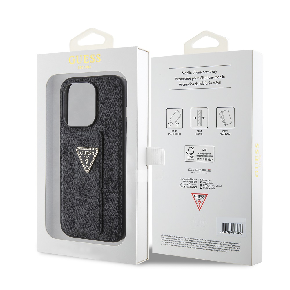 Guess PU Grip Stand 4G Strass Triangle Metal Logo Zadní Kryt pro iPhone 15 Pro Max Black