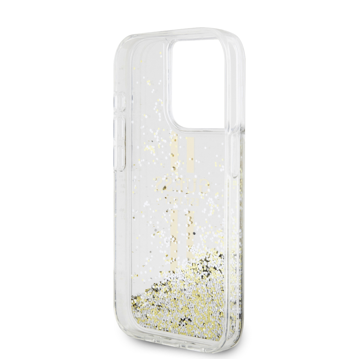 Guess PC/TPU Liquid Glitter Gold Stripe Zadní Kryt pro iPhone 15 Pro Max Transparent