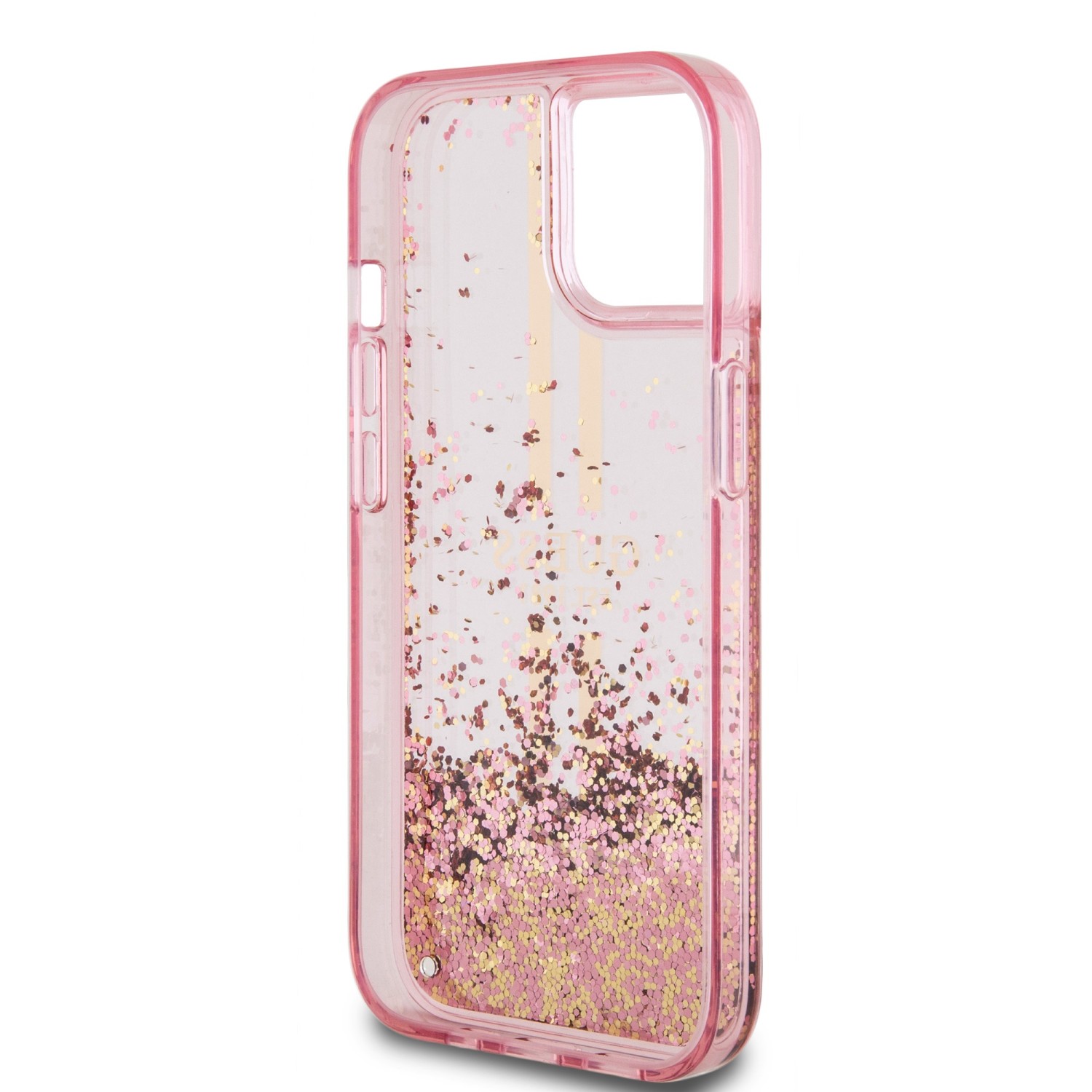 Guess PC/TPU Liquid Glitter Gold Stripe Zadní Kryt pro iPhone 15 Pink