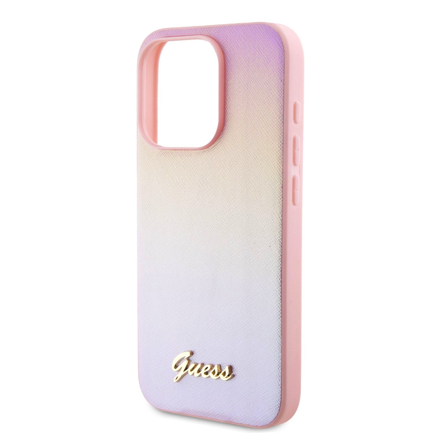 Guess PU Leather Iridescent Metal Script Zadní Kryt pro iPhone 15 Pro Max Pink