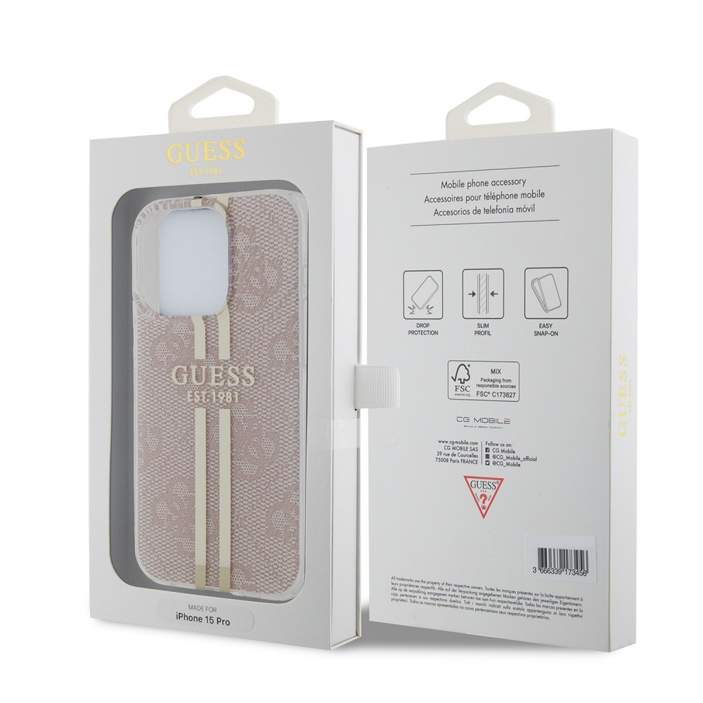 Guess IML 4G Gold Stripe Zadní Kryt pro iPhone 15 Pro Max Pink