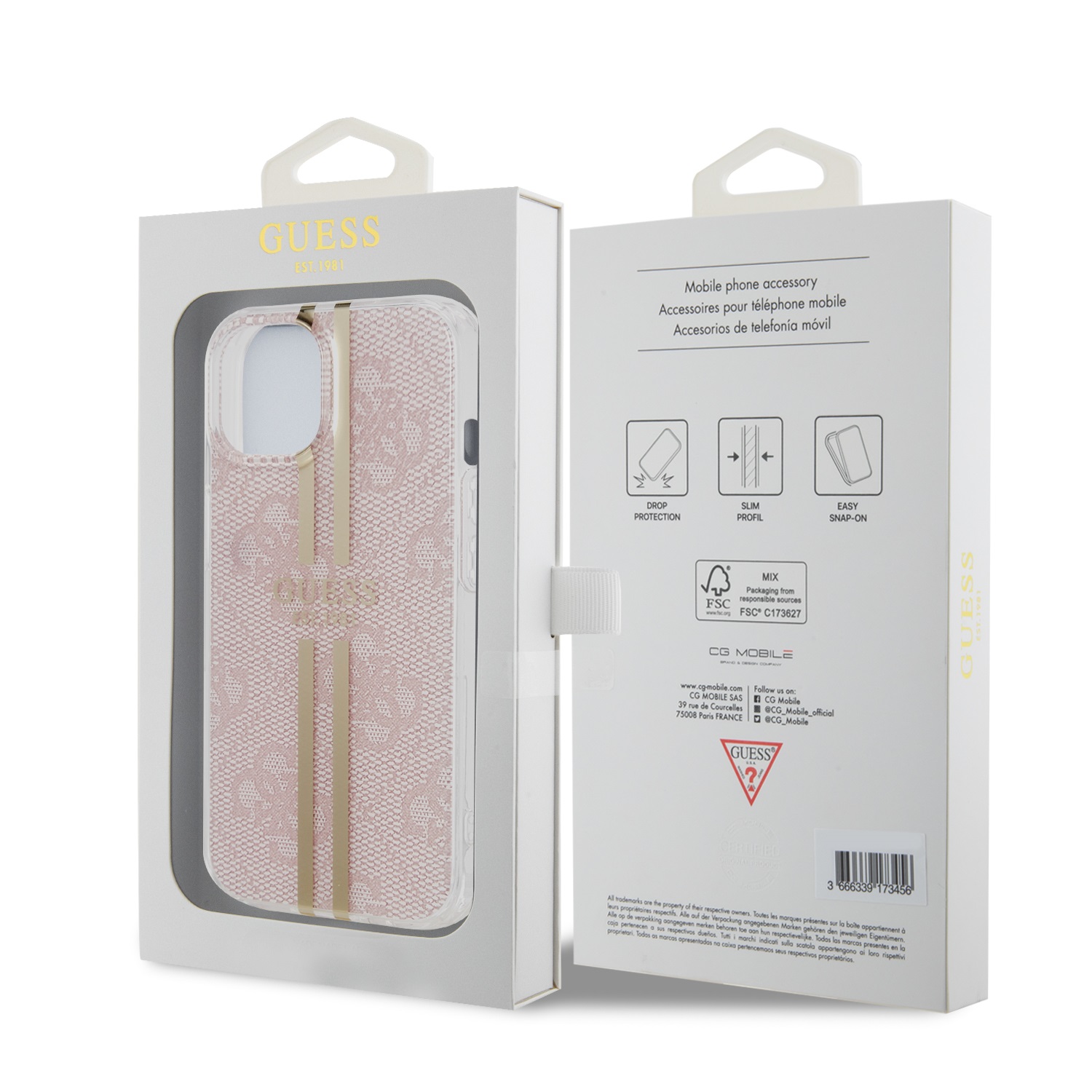 Guess IML 4G Gold Stripe Zadní Kryt pro iPhone 15 Pink
