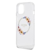 Guess PC/TPU Flowers Ring Glossy Logo MagSafe Zadní Kryt pro iPhone 15 Transparent
