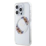 Guess PC/TPU Flowers Ring Glossy Logo MagSafe Zadní Kryt pro iPhone 14 Pro Max Transparent