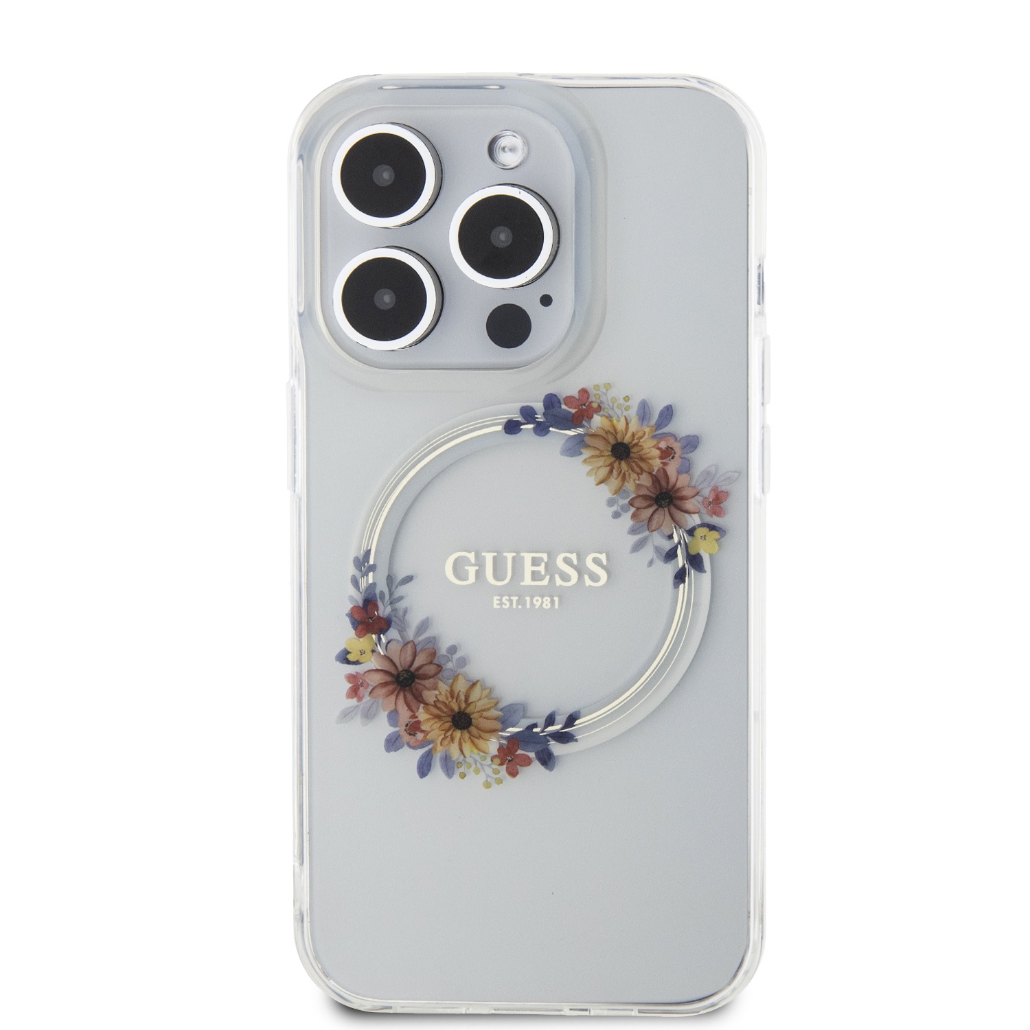 Guess PC/TPU Flowers Ring Glossy Logo MagSafe Zadní Kryt pro iPhone 14 Pro Max Transparent