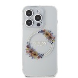 Guess PC/TPU Flowers Ring Glossy Logo MagSafe Zadní Kryt pro iPhone 14 Pro Transparent
