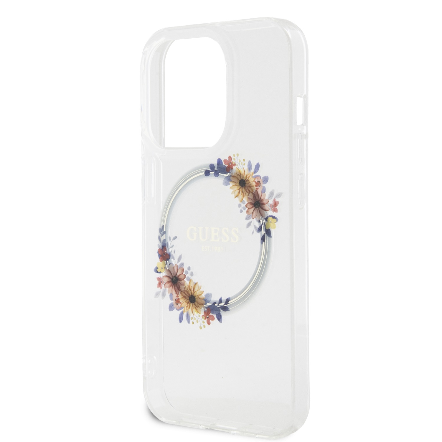 Guess PC/TPU Flowers Ring Glossy Logo MagSafe Zadní Kryt pro iPhone 13 Pro Transparent