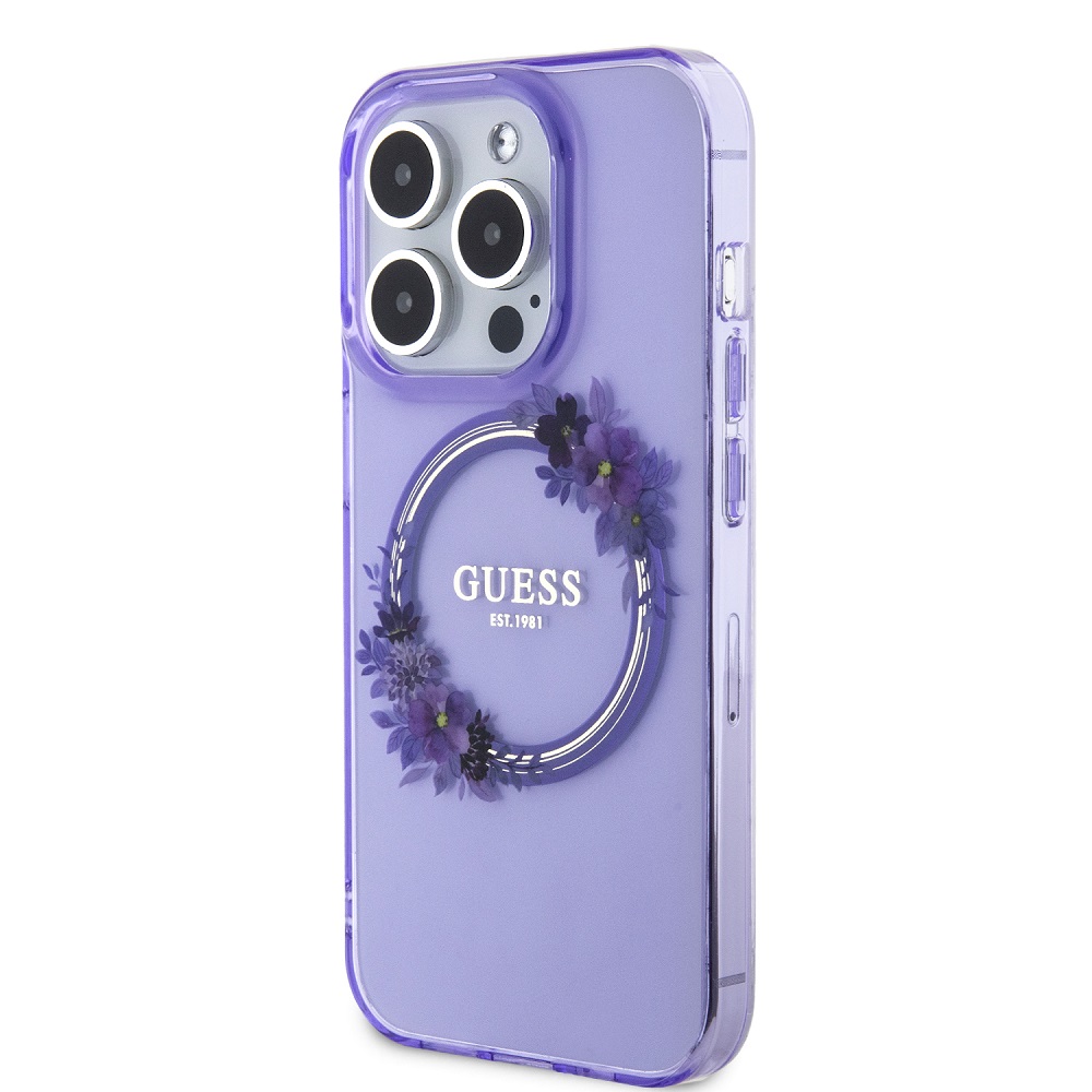 Guess PC/TPU Flowers Ring Glossy Logo MagSafe Zadní Kryt pro iPhone 15 Pro Max Purple