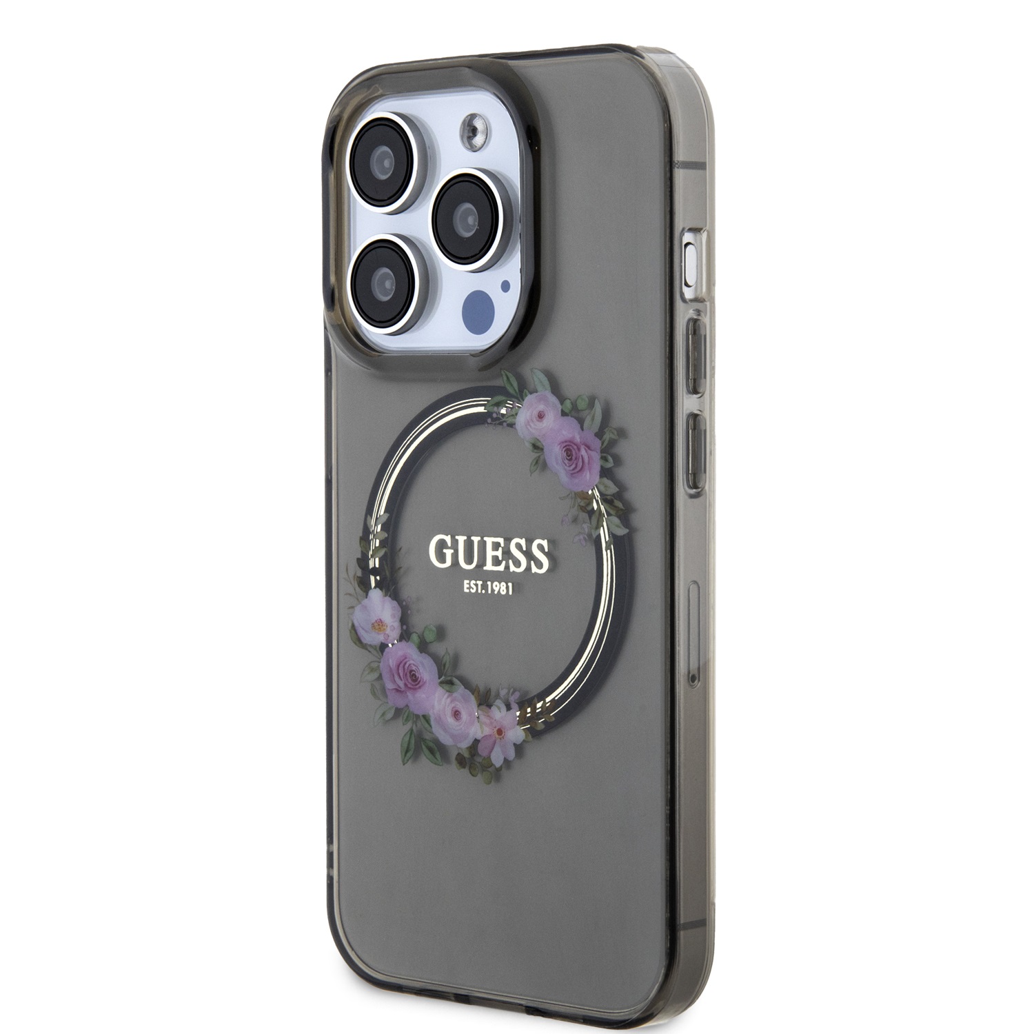 Guess PC/TPU Flowers Ring Glossy Logo MagSafe Zadní Kryt pro iPhone 15 Pro Max Black 