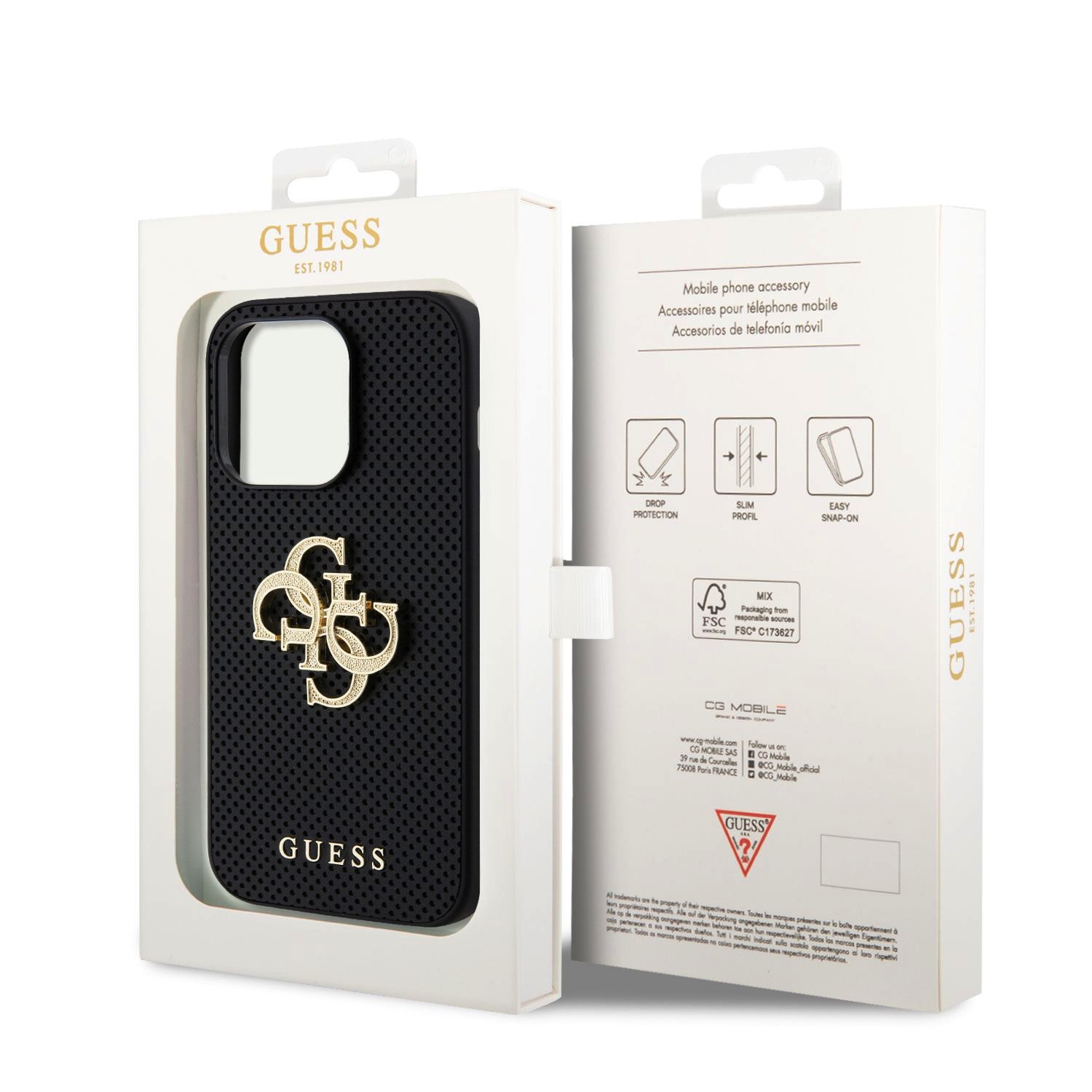Guess PU Perforated 4G Glitter Metal Logo Zadní Kryt pro iPhone 14 Pro Black