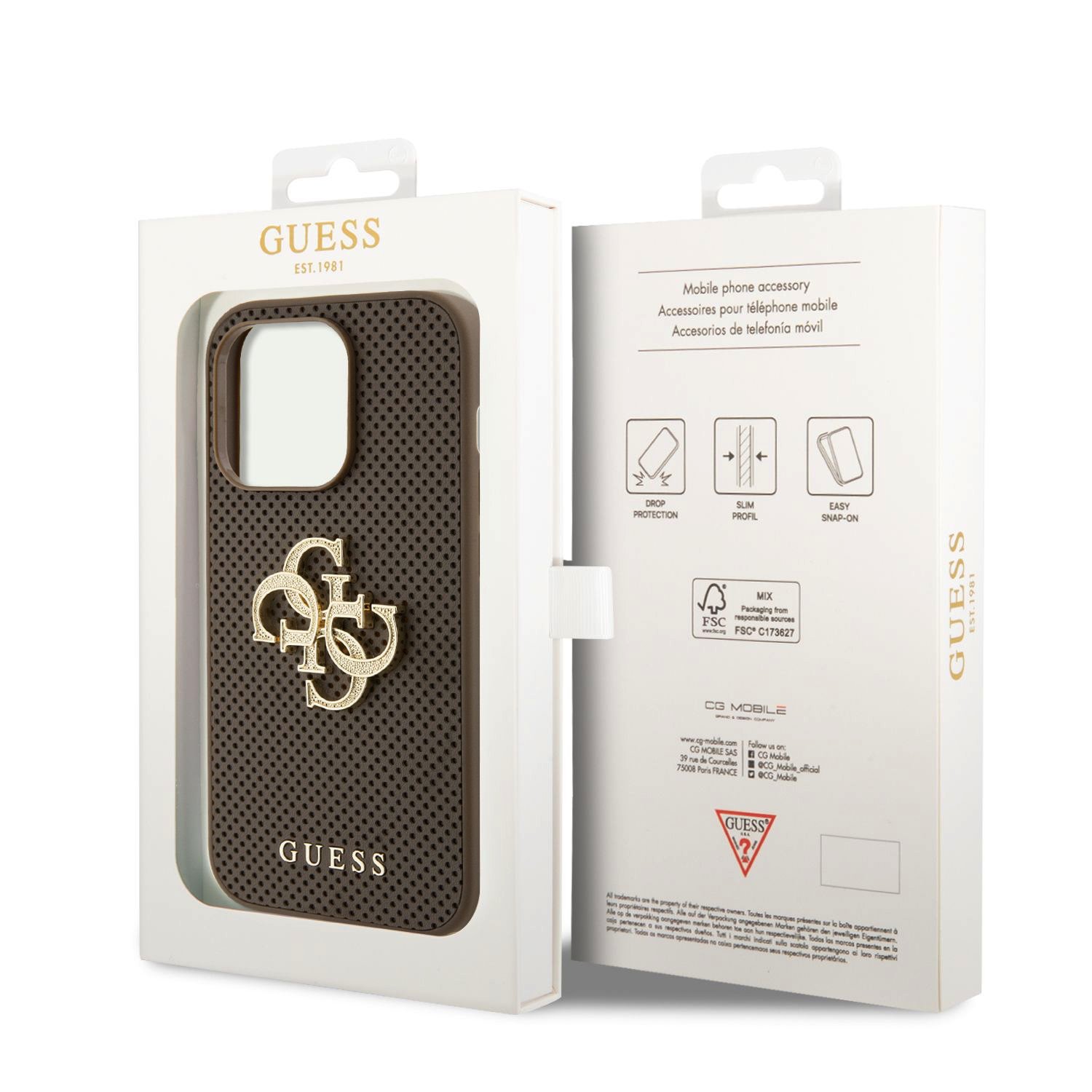 Guess PU Perforated 4G Glitter Metal Logo Zadní Kryt pro iPhone 15 Pro Max Taupe