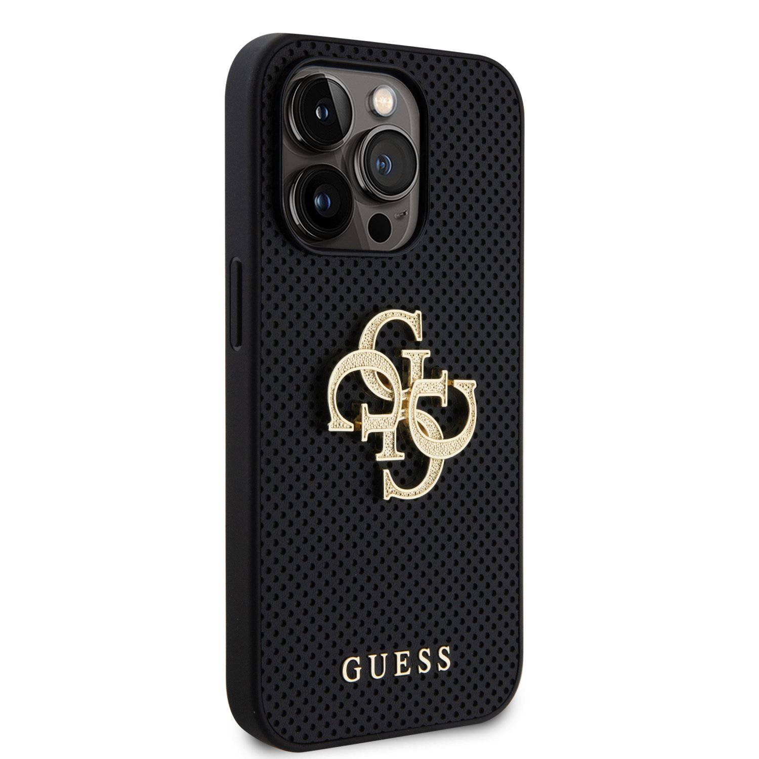 Guess PU Perforated 4G Glitter Metal Logo Zadní Kryt pro iPhone 14 Pro Max Black