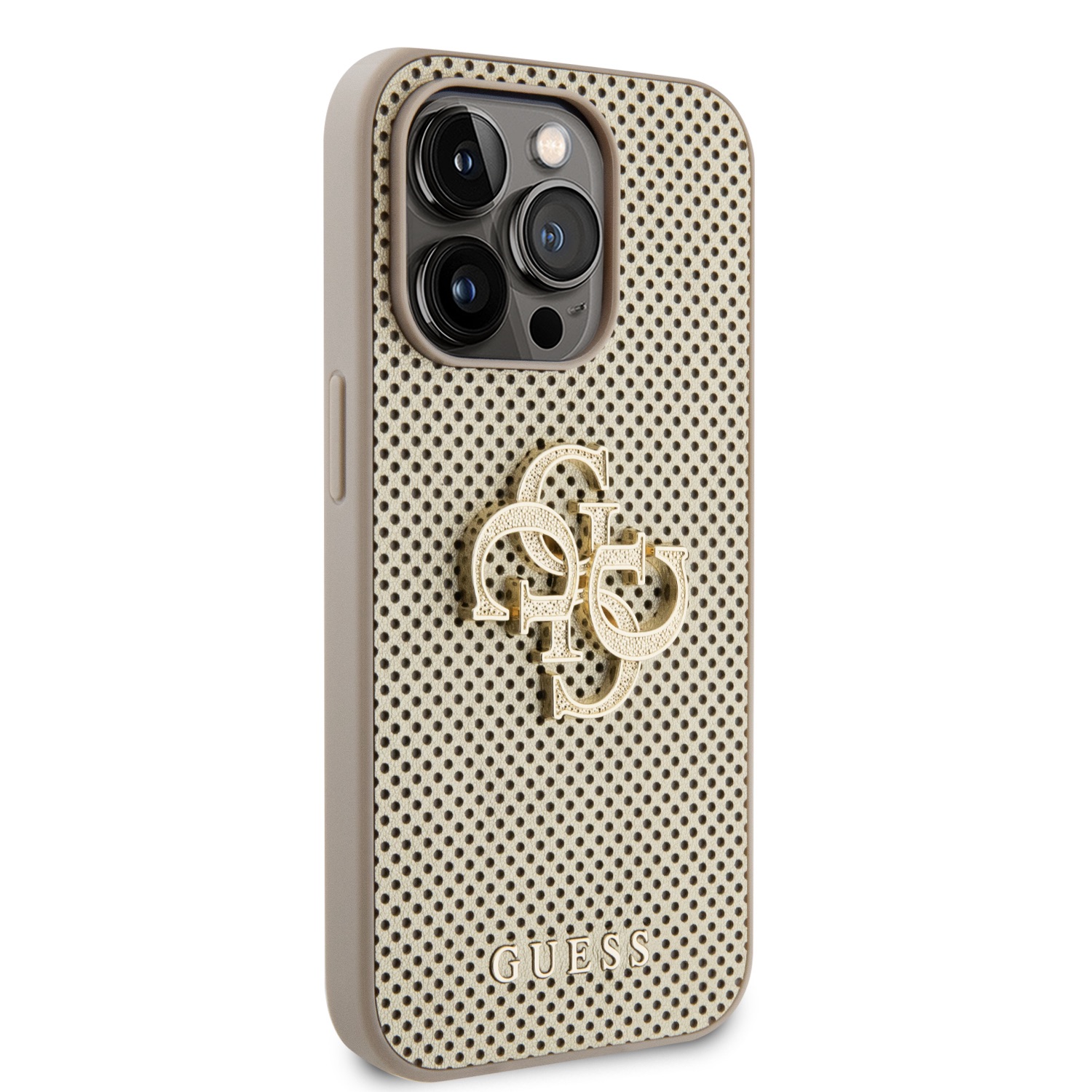Guess PU Perforated 4G Glitter Metal Logo Zadní Kryt pro iPhone 14 Pro Gold