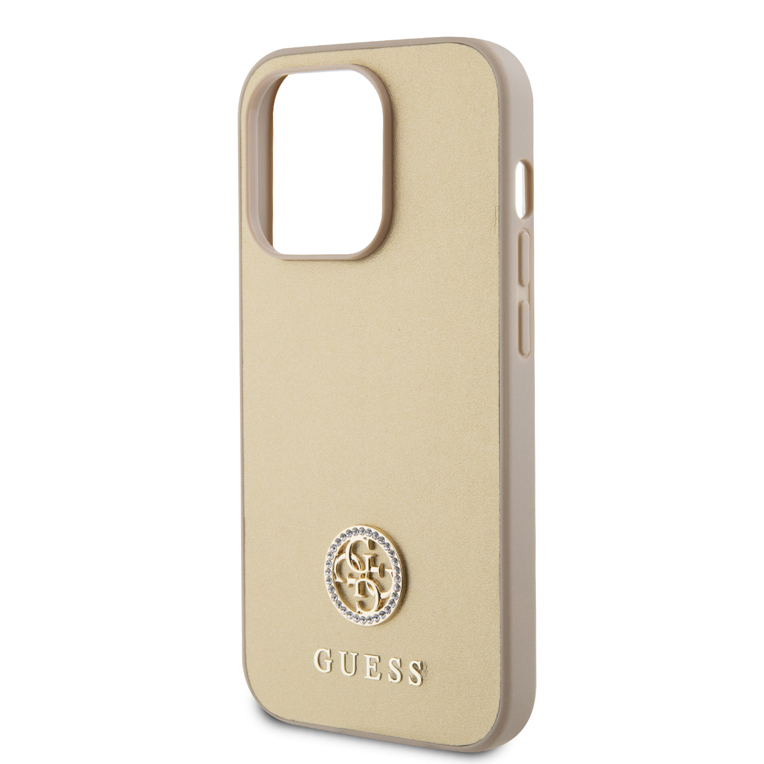 Guess PU 4G Strass Metal Logo Zadní Kryt pro iPhone 15 Pro Max Gold