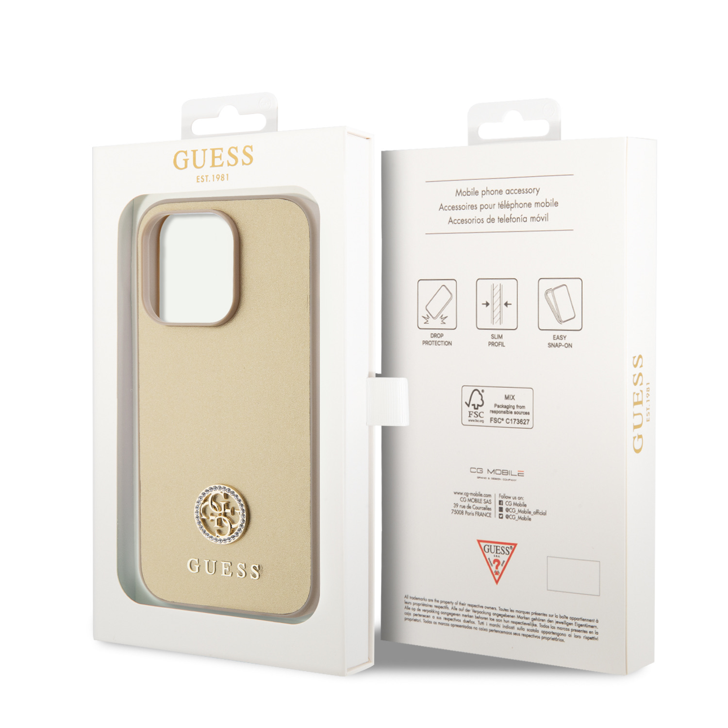 Guess PU 4G Strass Metal Logo Zadní Kryt pro iPhone 15 Pro Max Gold