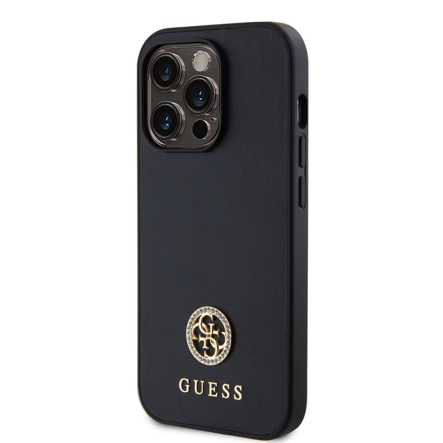 Guess PU 4G Strass Metal Logo Zadní Kryt pro iPhone 15 Pro Max Black