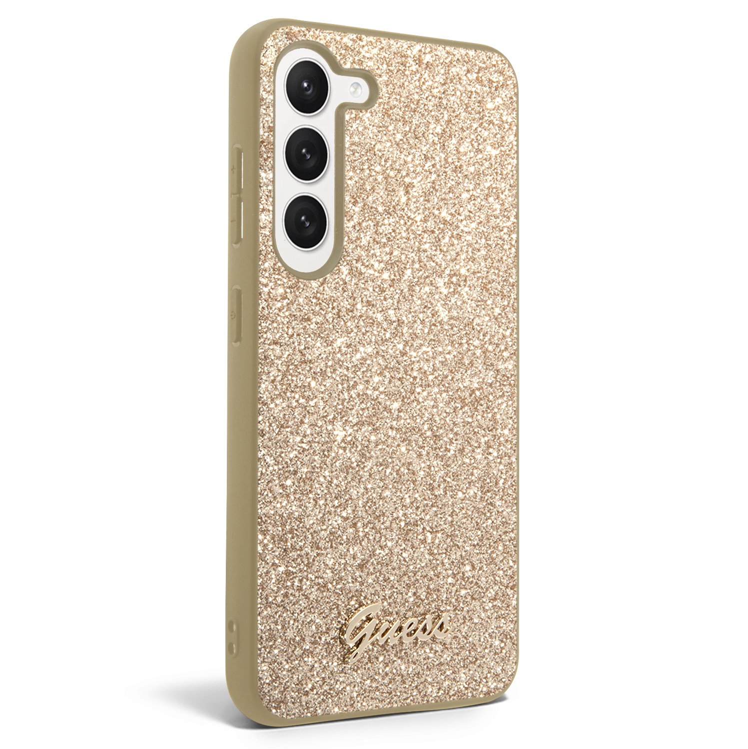Guess PC/TPU Glitter Flakes Metal Logo Zadní Kryt pro Samsung Galaxy S23 Gold