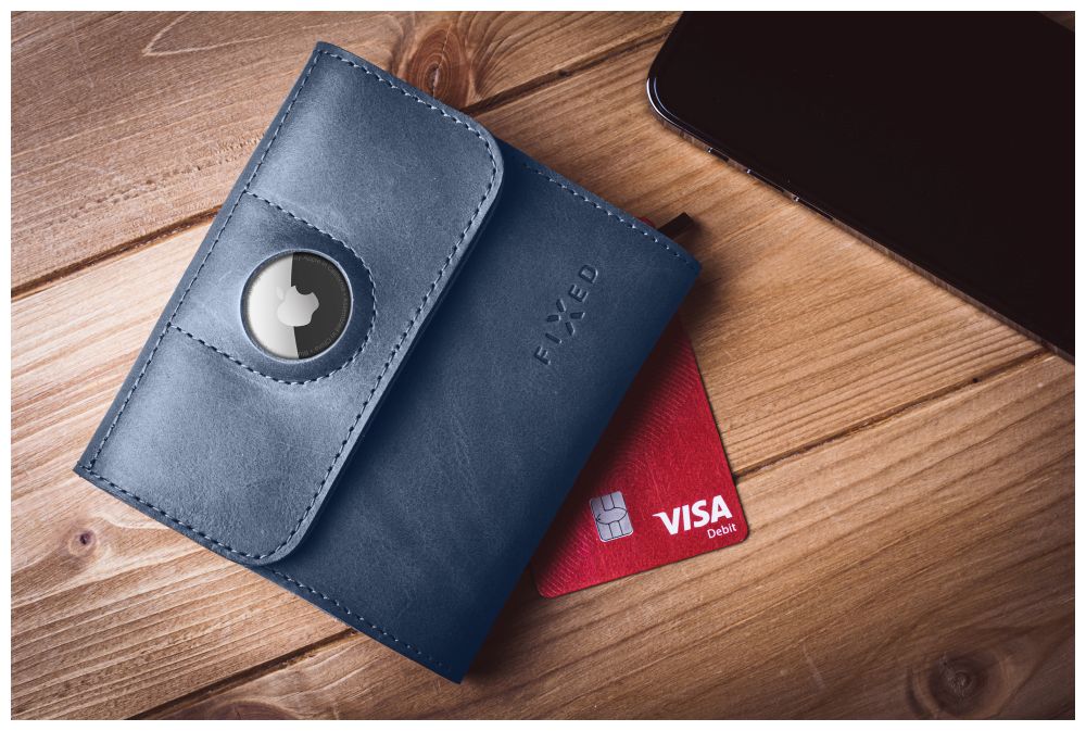 Kožená peněženka FIXED Classic Wallet for AirTag z pravé hovězí kůže, modrá