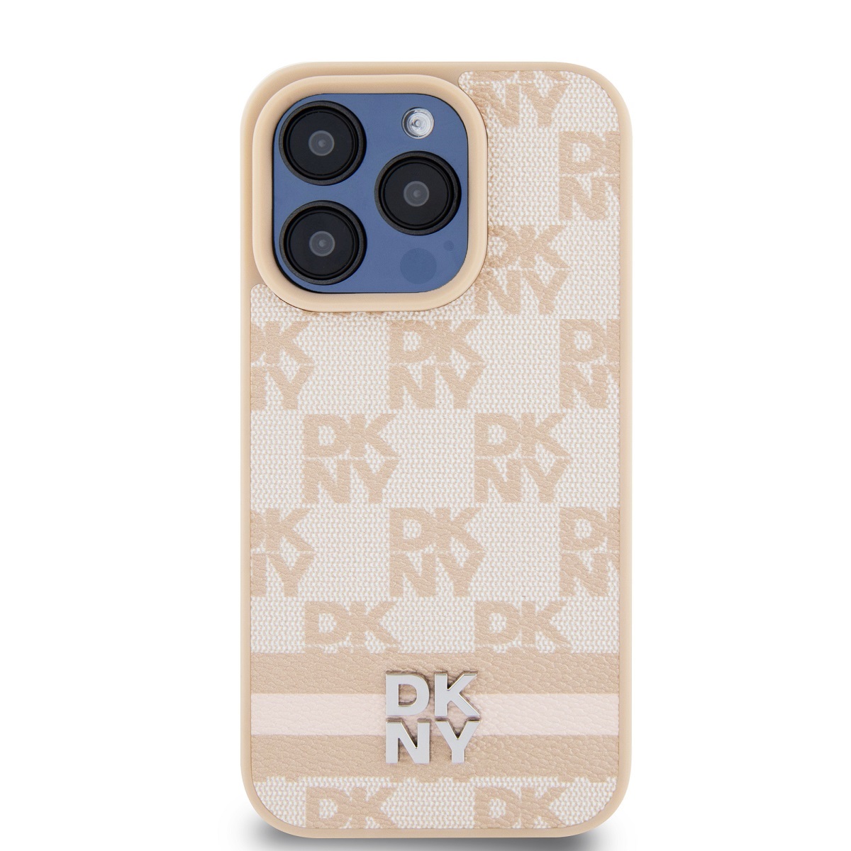 DKNY PU Leather Checkered Pattern and Stripe Zadní Kryt pro iPhone 15 Pro Pink
