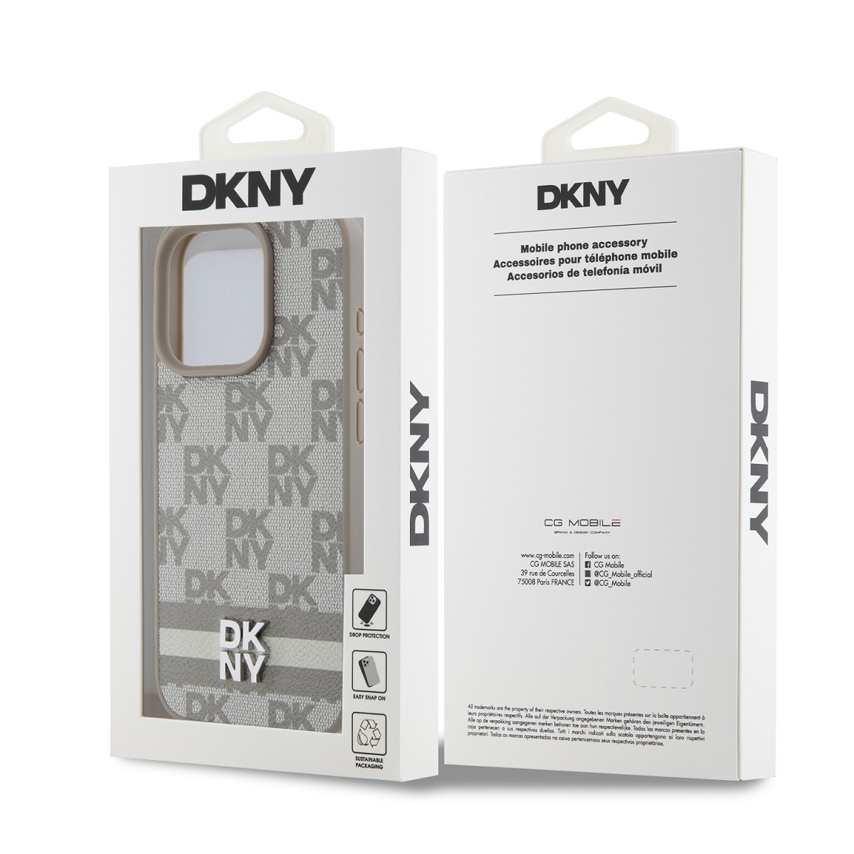 DKNY PU Leather Checkered Pattern and Stripe Zadní Kryt pro iPhone 15 Pro Beige