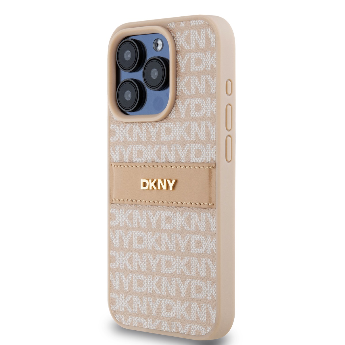 DKNY PU Leather Repeat Pattern Tonal Stripe Zadní Kryt pro iPhone 15 Pro Pink